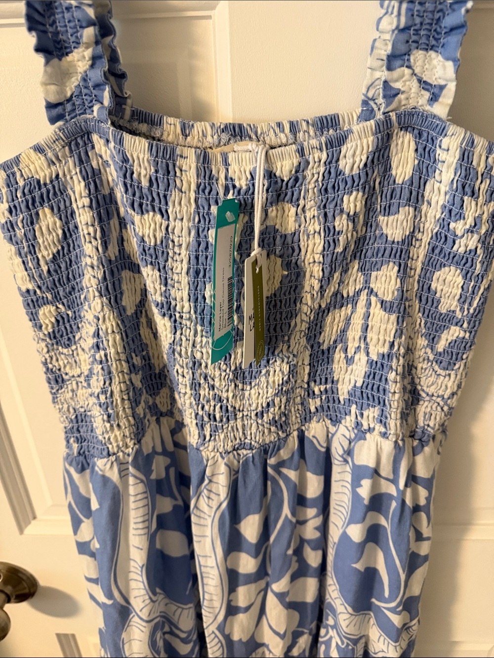 NWT Marine Layer Selene Smocked Maxi Dress Blue Tile Floral Coastal Cottagecore - Picture 7 of 10